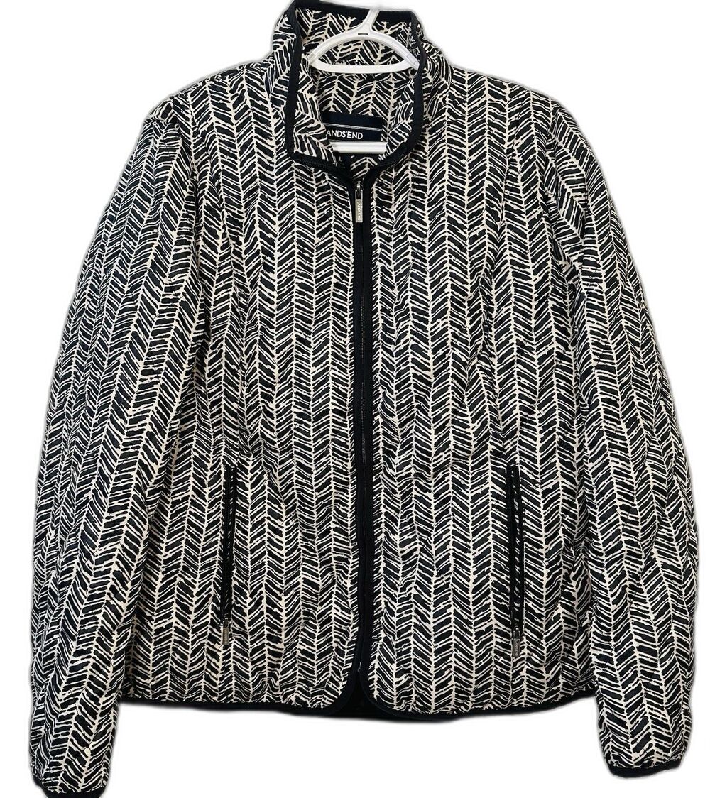 Lands' End Women's L 14-16 Quilted Puffer Jacket Black White Herringbone